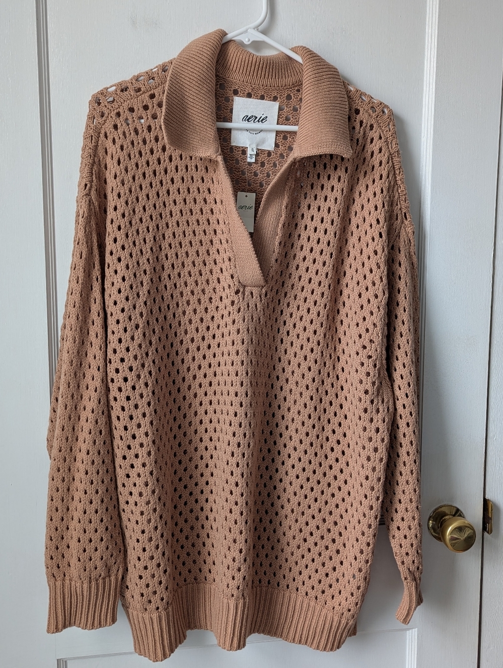 Aerie Open Knit Oversized Polo Sweater in Brown/Tan 100% Cotton Size XL NEW NWT - Picture 3 of 8